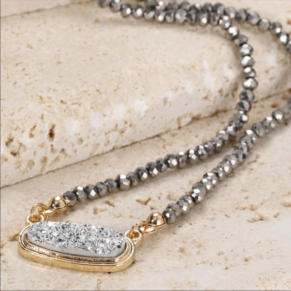 Set of silver Druzy stone necklace & gold …